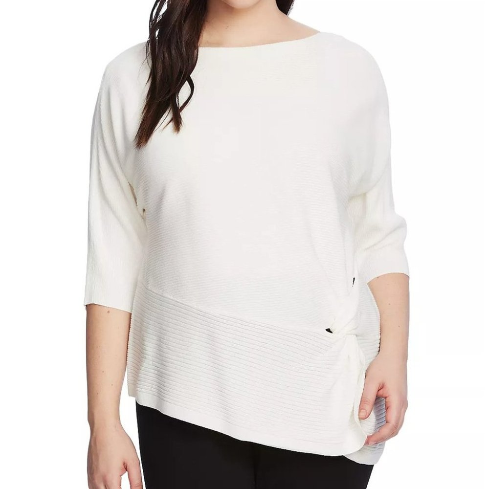 NWT Vince Camuto Pearl Ivory Ribbed Side-Twist Three-Quarter Sleeve Sweater - 1X
